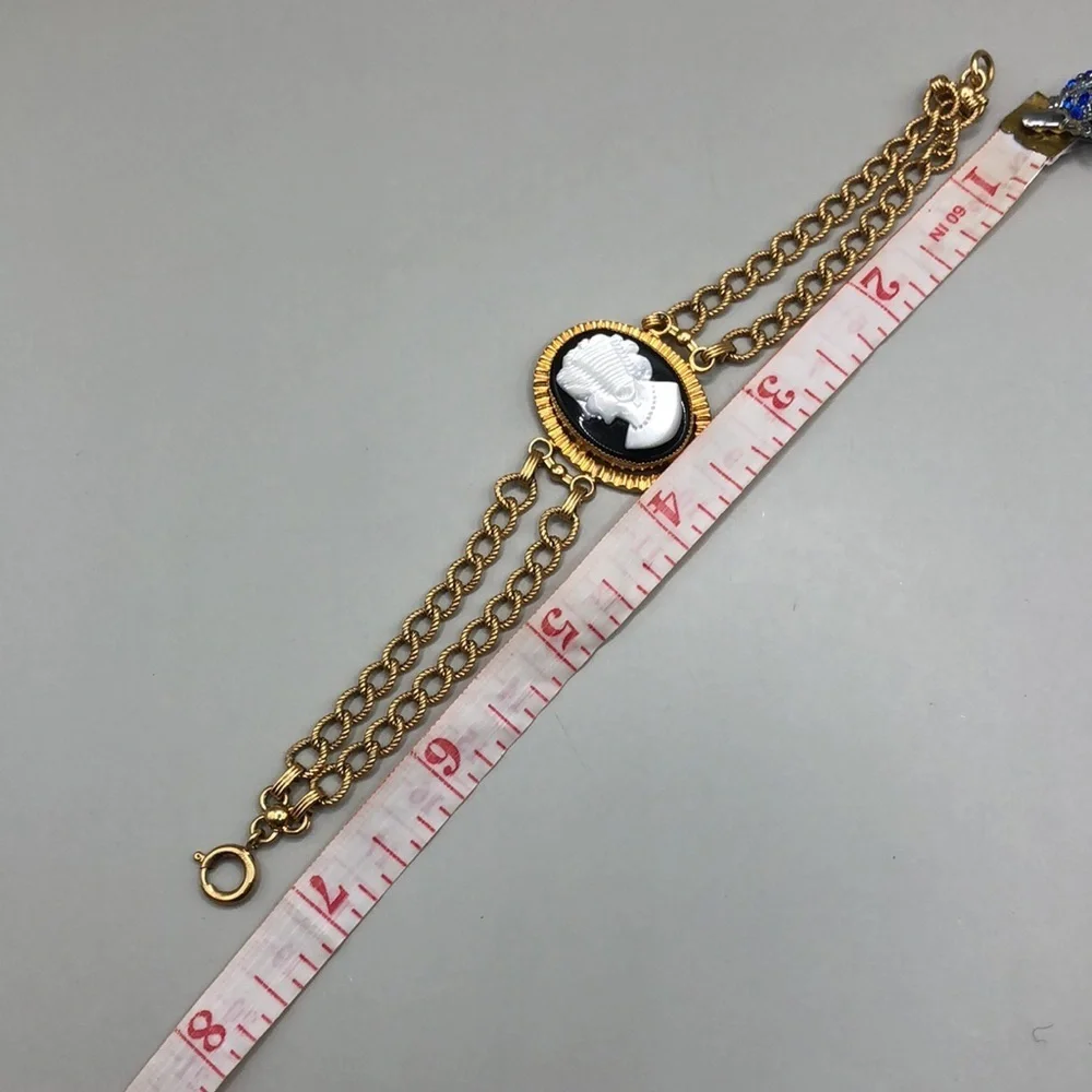 Vintage 12k Gold Filled GF Victorian Lady Cameo Chain Bracelet Makers Mark